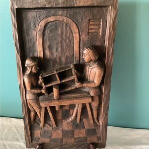 Vintage Bas Relief Plaque Folk Carved Wood